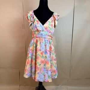 Altar'd‎ State Floral Print Dress Ruffle Sleeves V-Neck Open Back Large